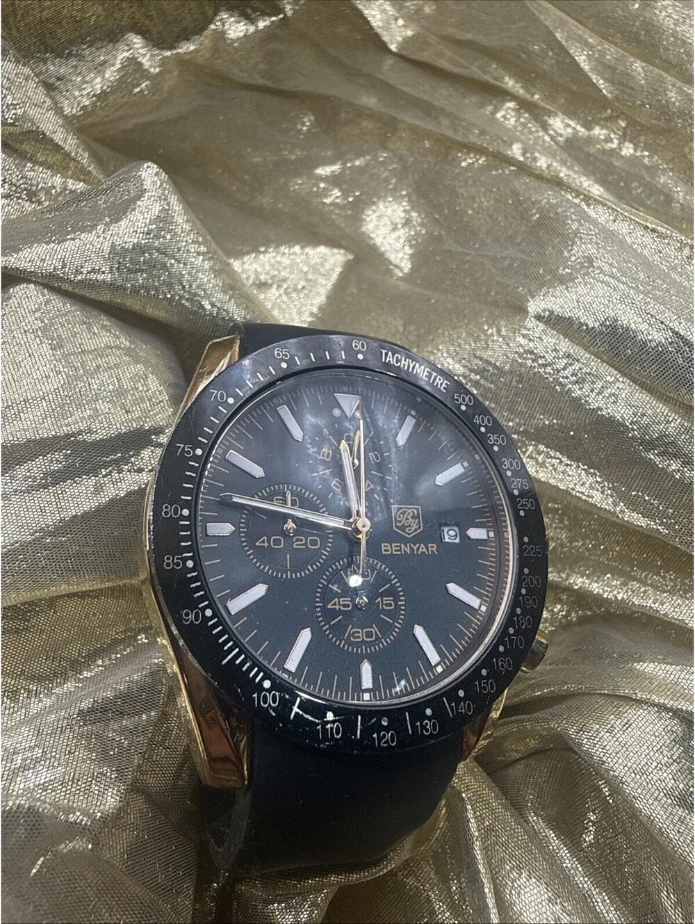 Benyar Mens Chronograph Watch Gold Black Dial Tachymeter Rubber Strap Sports
